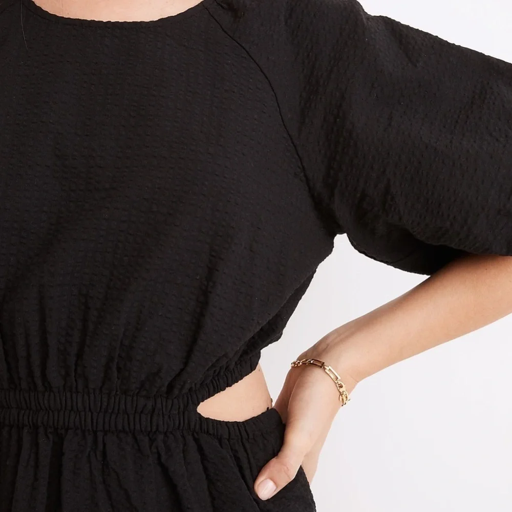 NWT Madewell Seersucker Puff-Sleeve Cutout Mini Dress in Black - Picture 4 of 10
